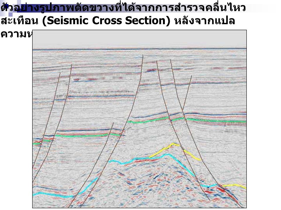 ตัวอย่างรูปภาพตัดขวางที่ได้จากการสำรวจคลื่นไหวสะเทือน (Seismic Cross Section) หลังจากแปลความหมาย