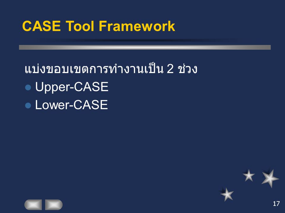CASE Tool Framework แบ่งขอบเขตการทำงานเป็น 2 ช่วง Upper-CASE