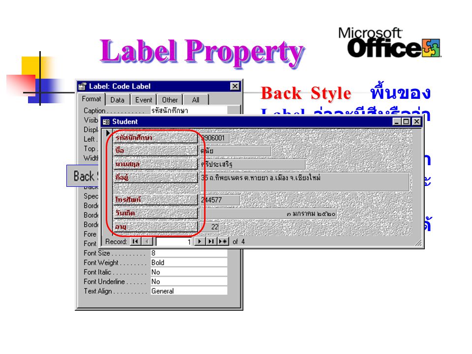 Label Property Back Style พื้นของ Label ว่าจะมีสีหรือว่าจะให้ใส (Transparent) ซึ่งถ้าเป็น Transparent จะทำให้ผู้ใช้มองผ่าน Label เห็นสีพื้นได้
