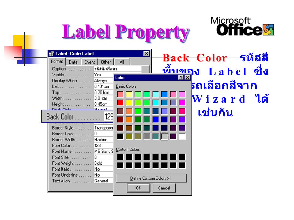 Label Property Back Color รหัสสีพื้นของ Label ซึ่งสามารถเลือกสีจากการ Wizard ได้เช่นกัน
