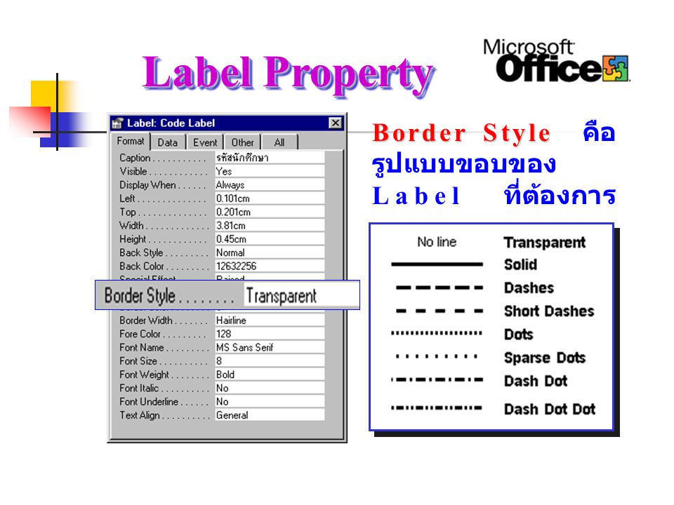 Label Property Border Style คือรูปแบบขอบของ Label ที่ต้องการ
