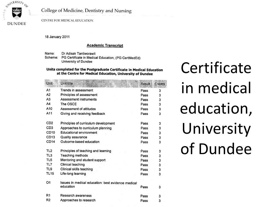 Certificate in medical education, University of Dundee