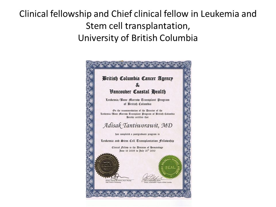 Clinical fellowship and Chief clinical fellow in Leukemia and Stem cell transplantation, University of British Columbia