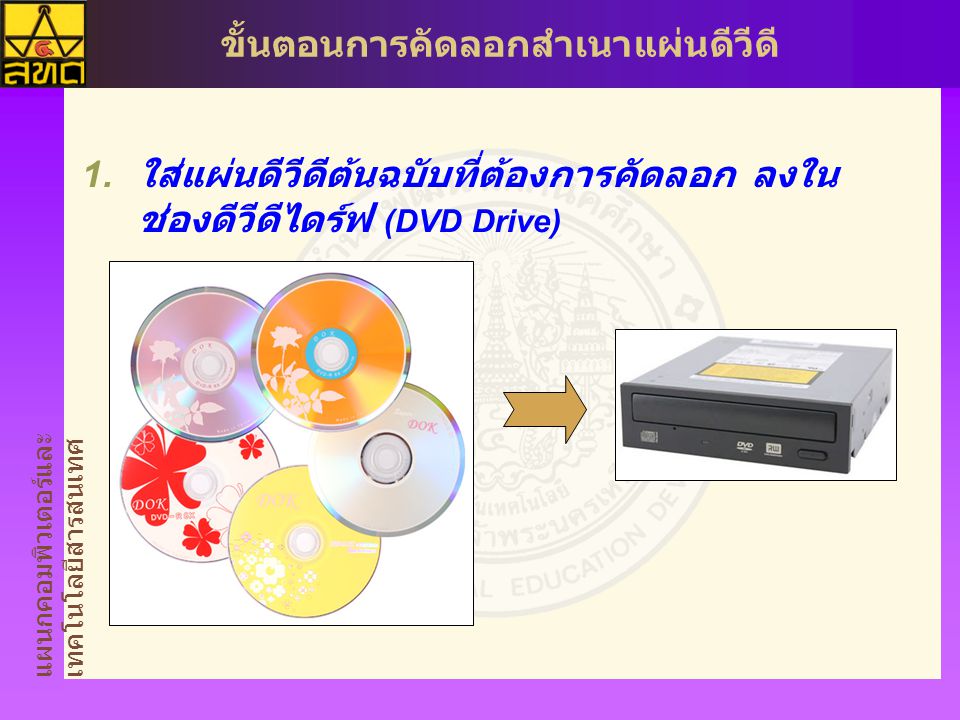 ใส่แผ่นดีวีดีต้นฉบับที่ต้องการคัดลอก ลงในช่องดีวีดีไดร์ฟ (DVD Drive)