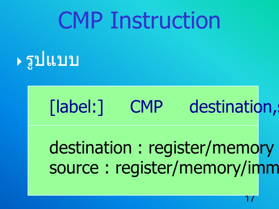 CMP Instruction รูปแบบ [label:] CMP destination,source
