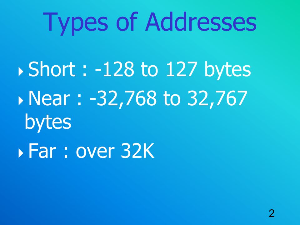 Types of Addresses Short : -128 to 127 bytes