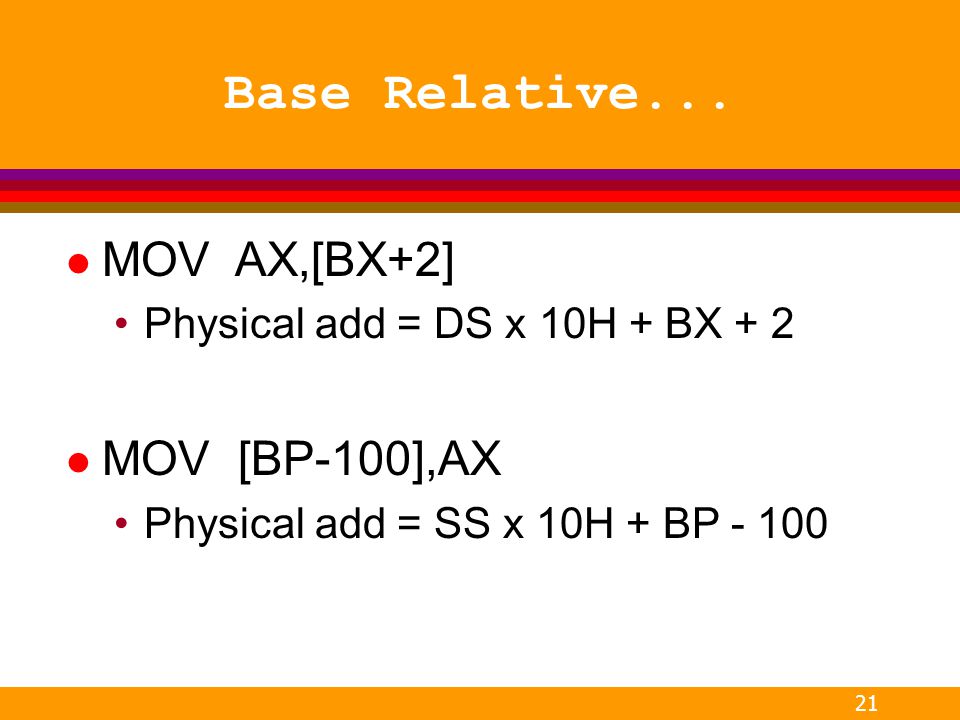 Base Relative... MOV AX,[BX+2] MOV [BP-100],AX