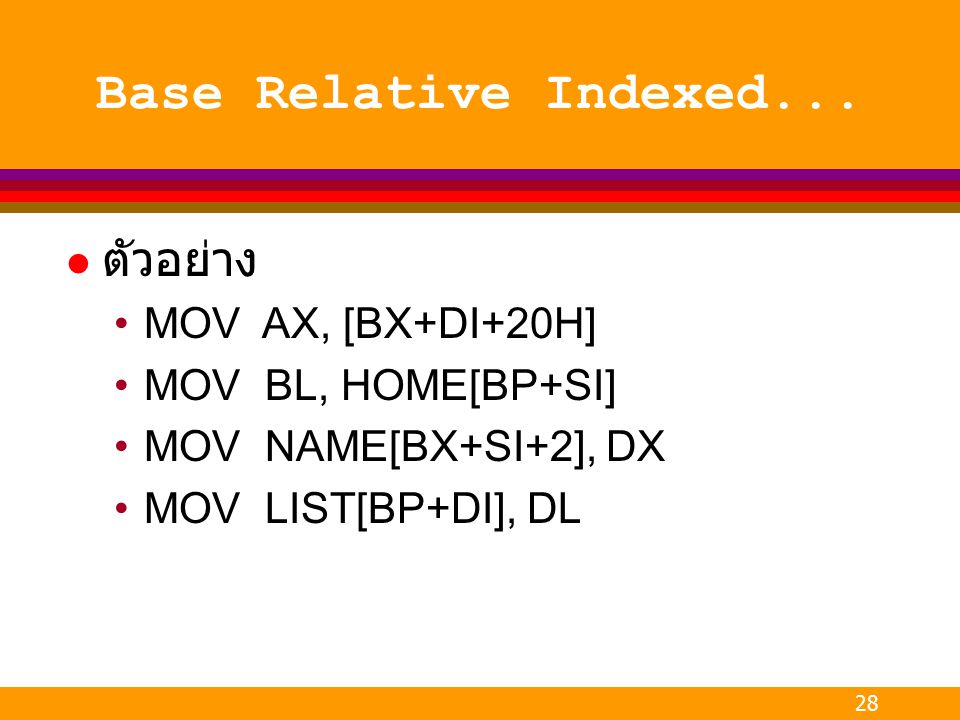 Base Relative Indexed... ตัวอย่าง MOV AX, [BX+DI+20H]