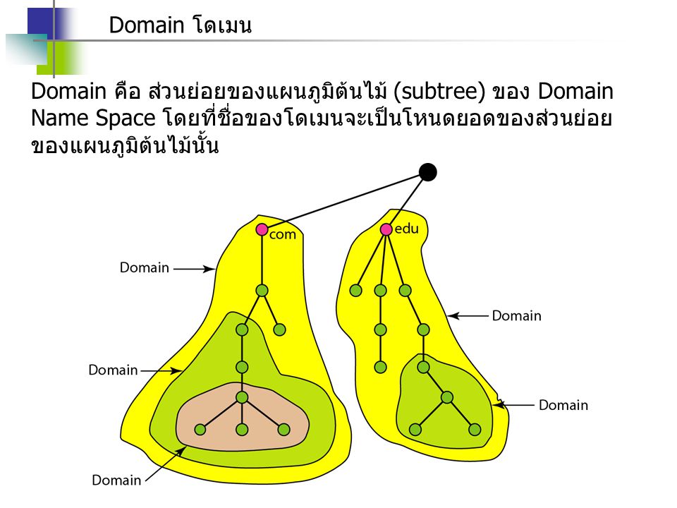 Domain โดเมน Domain คือ ส่วนย่อยของแผนภูมิต้นไม้ (subtree) ของ Domain Name Space โดยที่ชื่อของโดเมนจะเป็นโหนดยอดของส่วนย่อยของแผนภูมิต้นไม้นั้น.