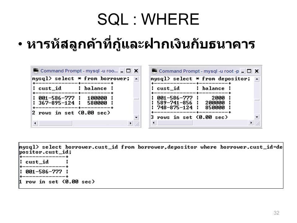 SQL : WHERE หารหัสลูกค้าที่กู้และฝากเงินกับธนาคาร