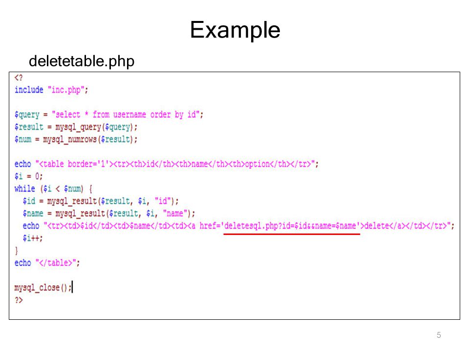 Example deletetable.php