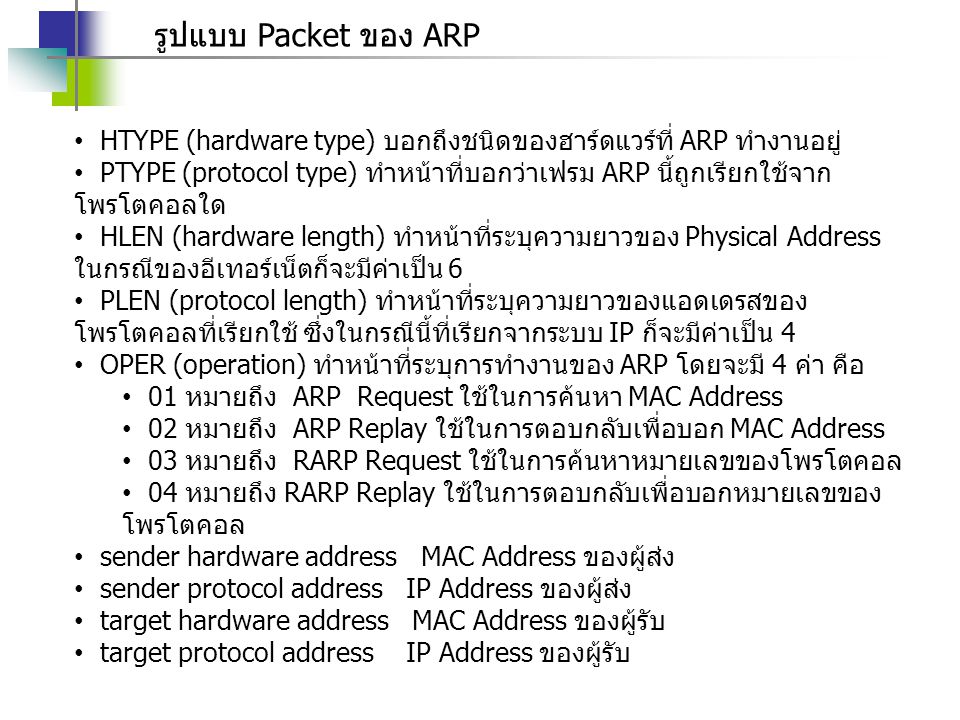 รูปแบบ Packet ของ ARP HTYPE (hardware type) บอกถึงชนิดของฮาร์ดแวร์ที่ ARP ทำงานอยู่