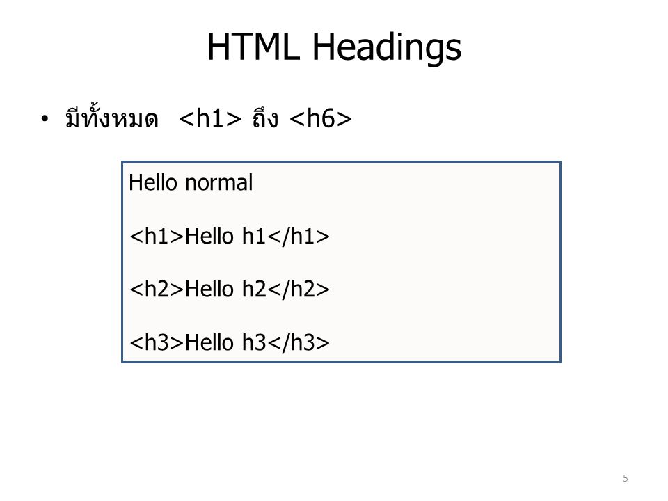 HTML Headings มีทั้งหมด <h1> ถึง <h6> Hello normal