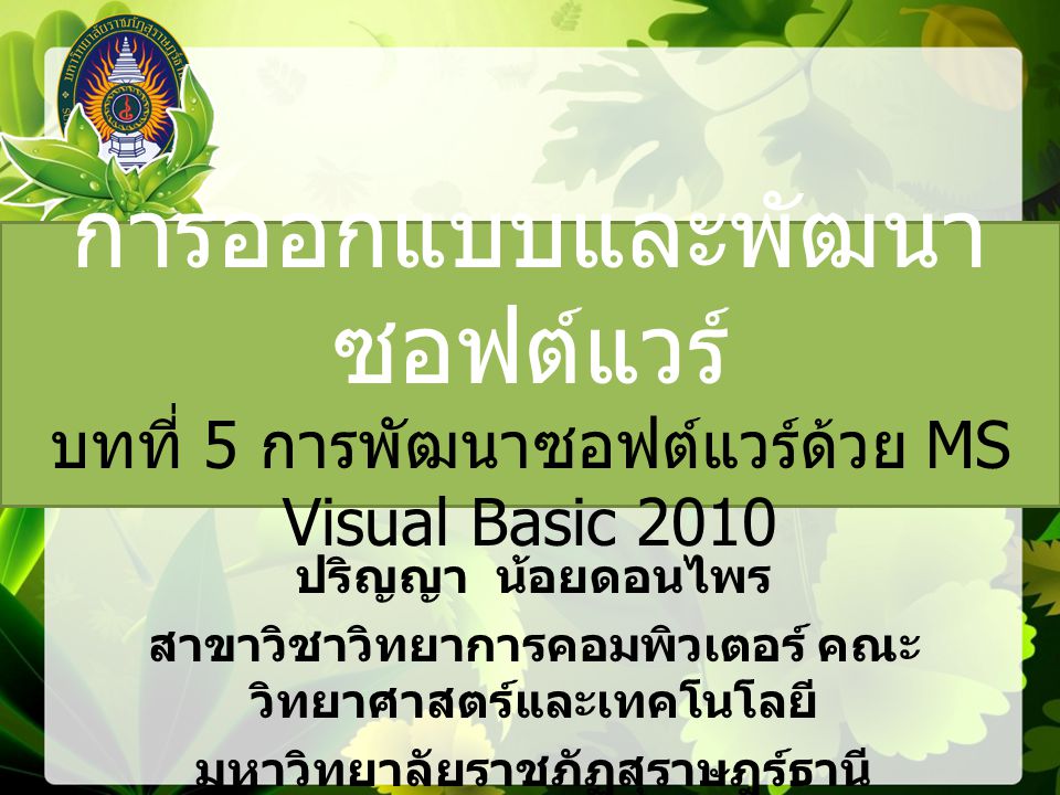 การออกแบบและพัฒนาซอฟต์แวร์ บทที่ 5 การพัฒนาซอฟต์แวร์ด้วย MS Visual Basic 2010