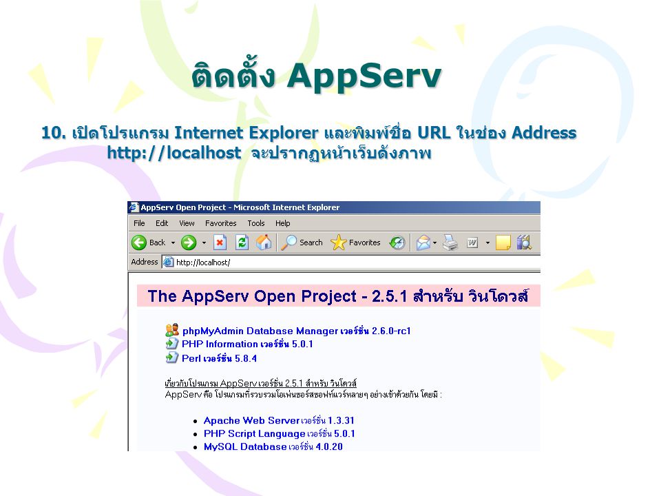 ติดตั้ง AppServ 10. เปิดโปรแกรม Internet Explorer และพิมพ์ชื่อ URL ในช่อง Address.
