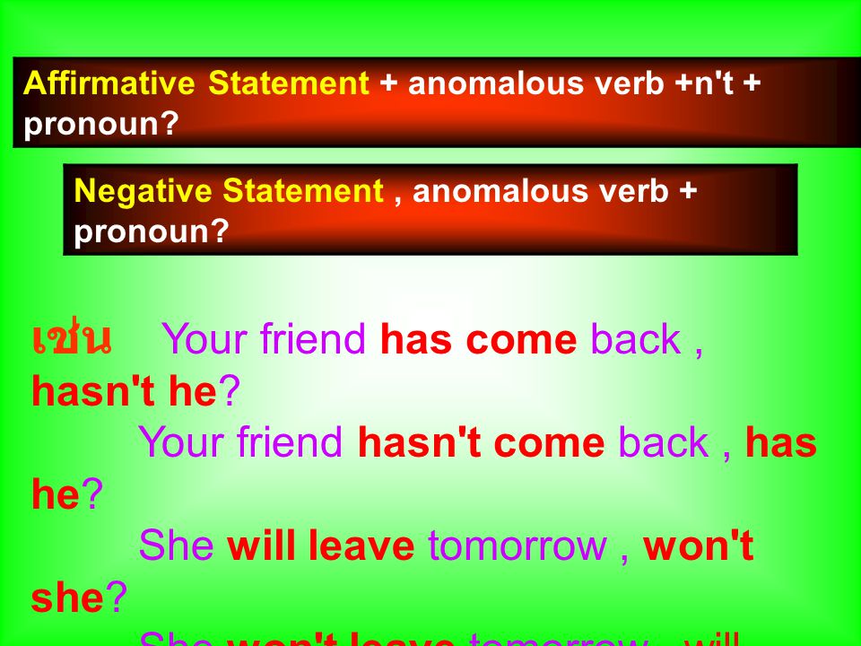 Affirmative Statement + anomalous verb +n t + pronoun