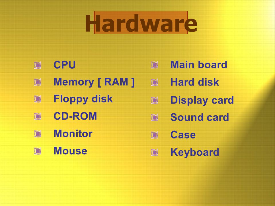 Hardware CPU Main board Memory [ RAM ] Hard disk Floppy disk