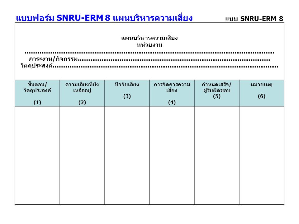 แบบฟอร์ม SNRU-ERM 8 แผนบริหารความเสี่ยง
