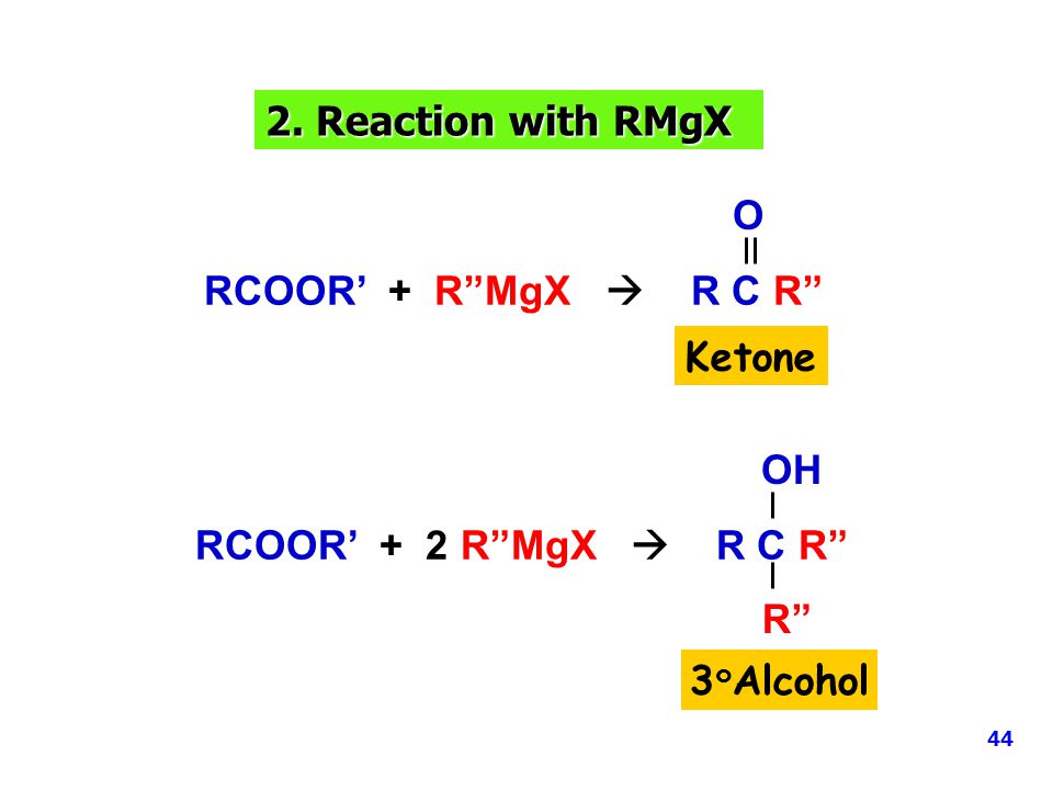 2. Reaction with RMgX O RCOOR’ + R MgX  R C R Ketone OH