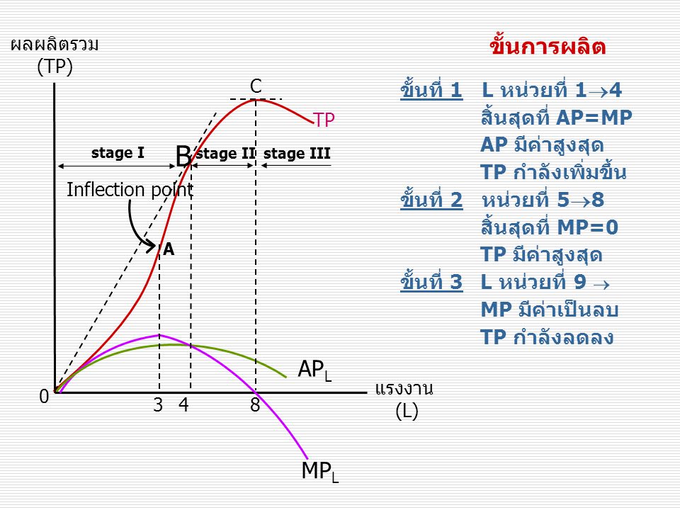 B ขั้นการผลิต APL MPL ขั้นที่ 1 L หน่วยที่ 14 สิ้นสุดที่ AP=MP