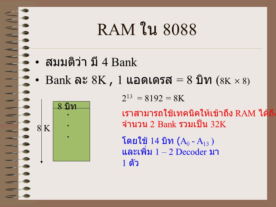 RAM ใน 8088 สมมติว่า มี 4 Bank Bank ละ 8K , 1 แอดเดรส = 8 บิท (8K  8)