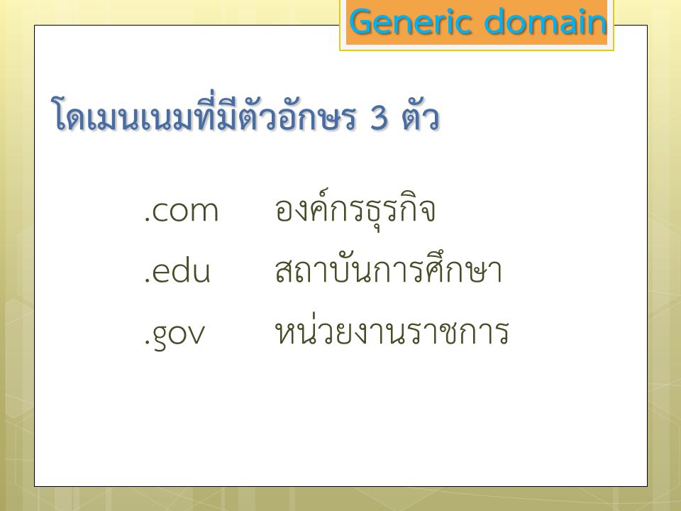 Generic domain โดเมนเนมที่มีตัวอักษร 3 ตัว. .com องค์กรธุรกิจ.