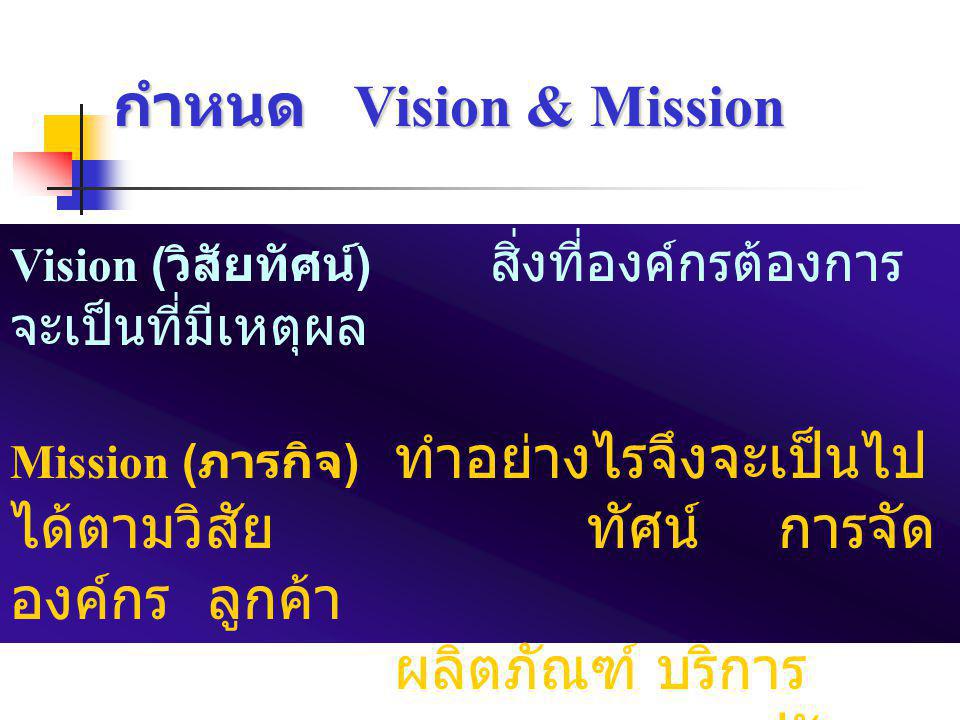 กำหนด Vision & Mission ผลิตภัณฑ์ บริการ การตลาด และปรัชญา
