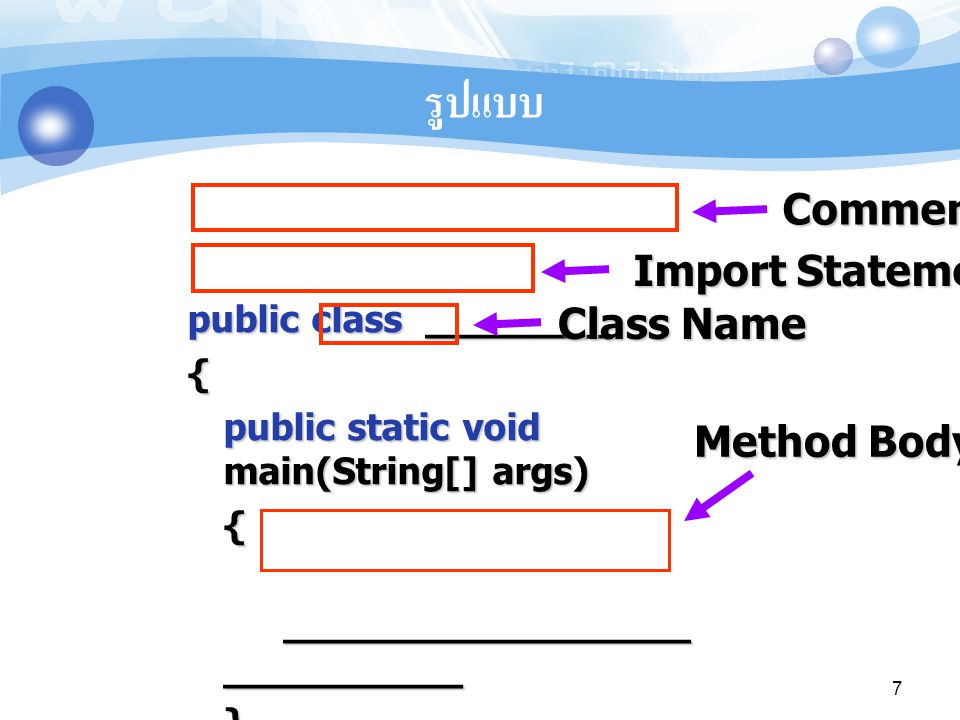 รูปแบบ Comment Import Statements Class Name Method Body