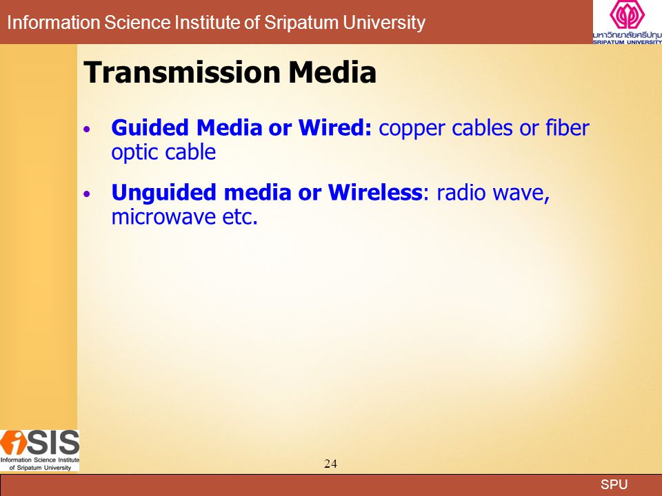 Transmission Media Guided Media or Wired: copper cables or fiber optic cable. Unguided media or Wireless: radio wave, microwave etc.