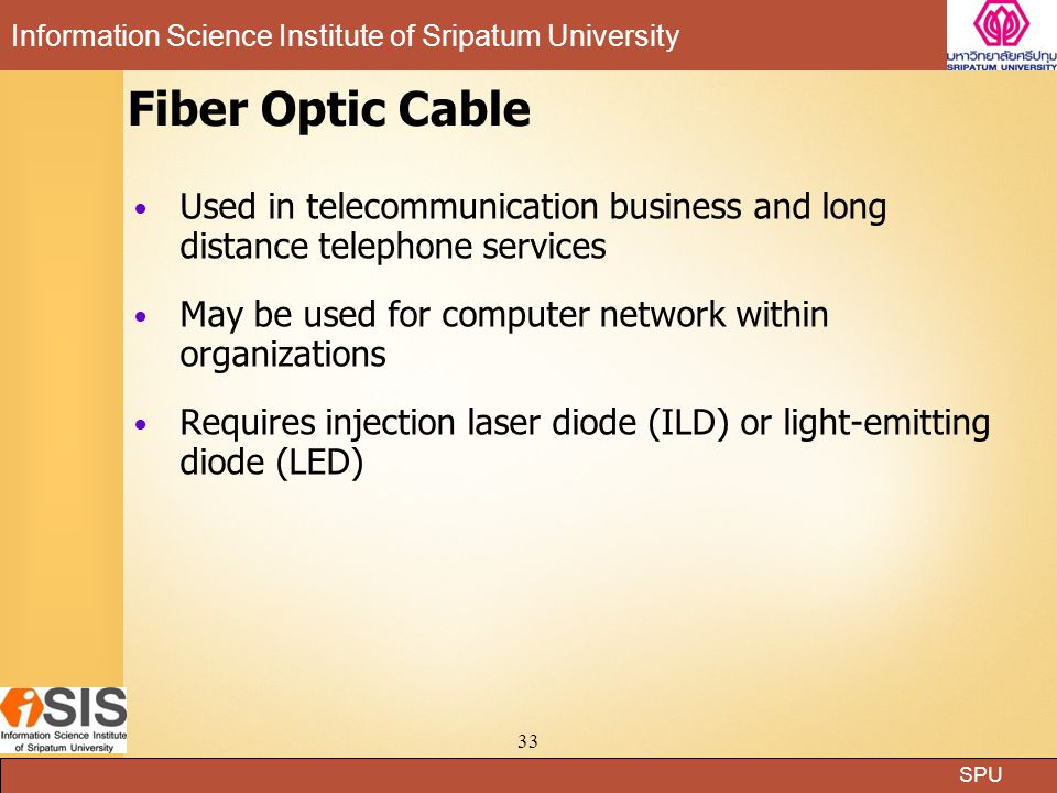 Fiber Optic Cable Used in telecommunication business and long distance telephone services. May be used for computer network within organizations.
