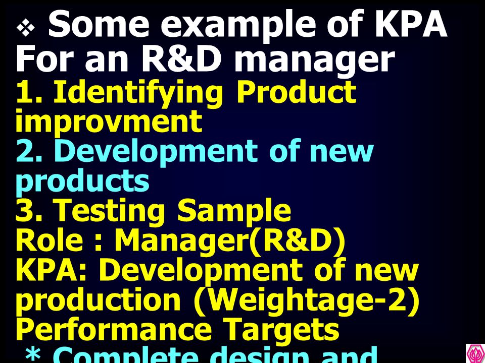 Some example of KPA For an R&D manager