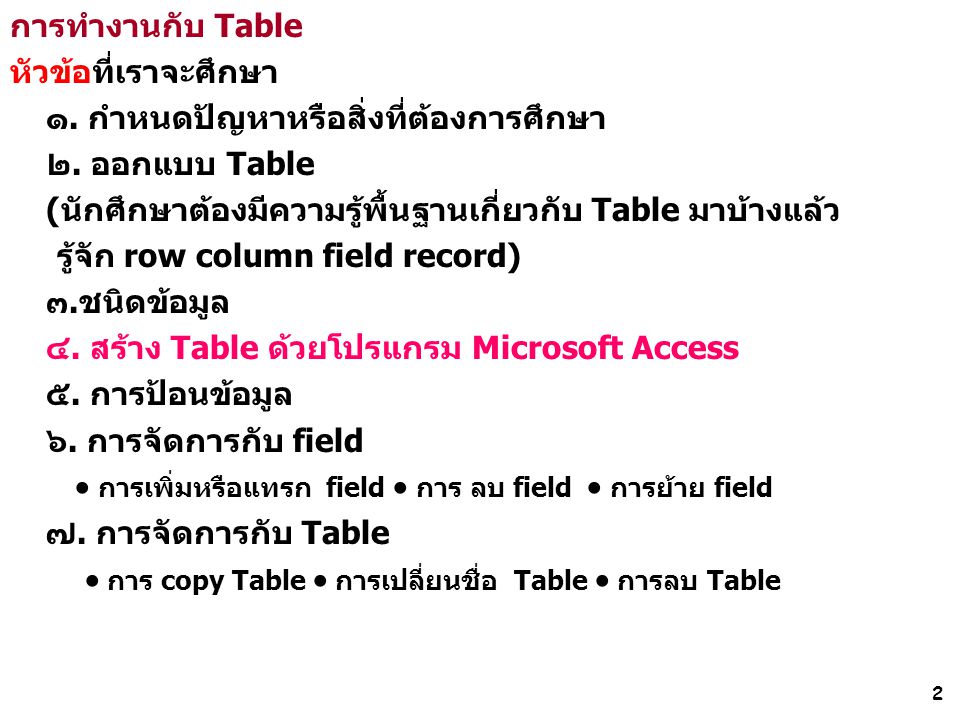 การทำงานกับ Table หัวข้อที่เราจะศึกษา. ๑. กำหนดปัญหาหรือสิ่งที่ต้องการศึกษา. ๒. ออกแบบ Table.