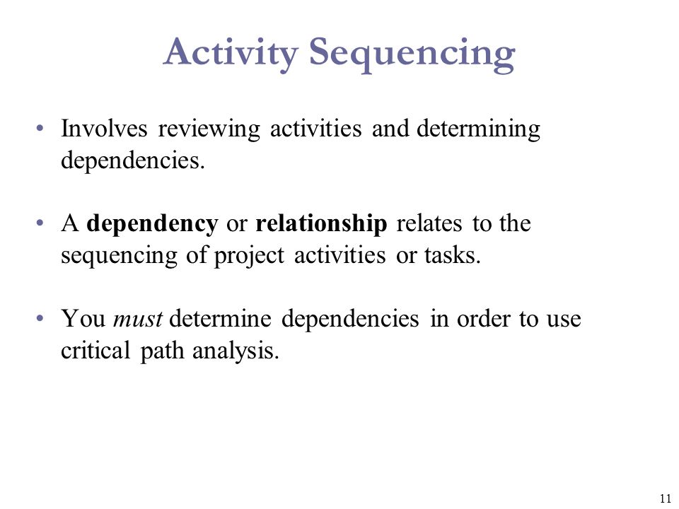 Activity Sequencing Involves reviewing activities and determining dependencies.