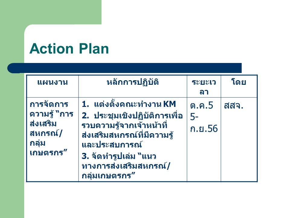 Action Plan ต.ค.55-ก.ย.56 สสจ. แผนงาน หลักการปฏิบัติ ระยะเวลา โดย