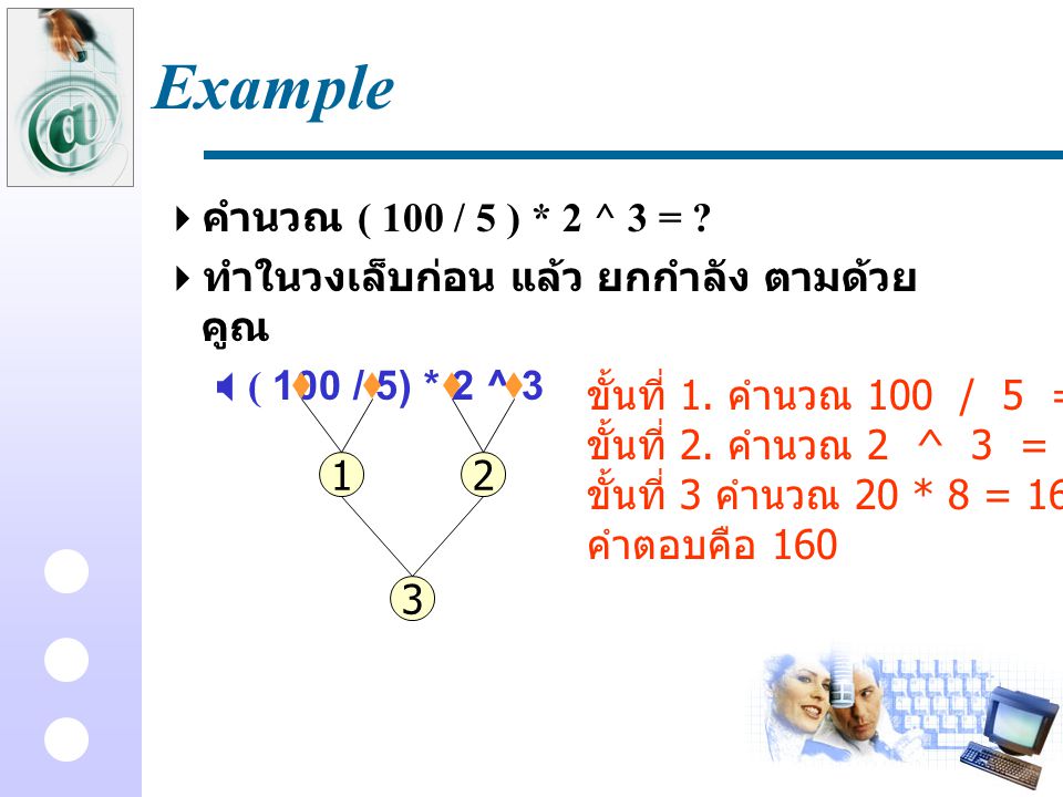 Example คำนวณ ( 100 / 5 ) * 2 ^ 3 = ทำในวงเล็บก่อน แล้ว ยกกำลัง ตามด้วยคูณ. ( 100 / 5) * 2 ^ 3.