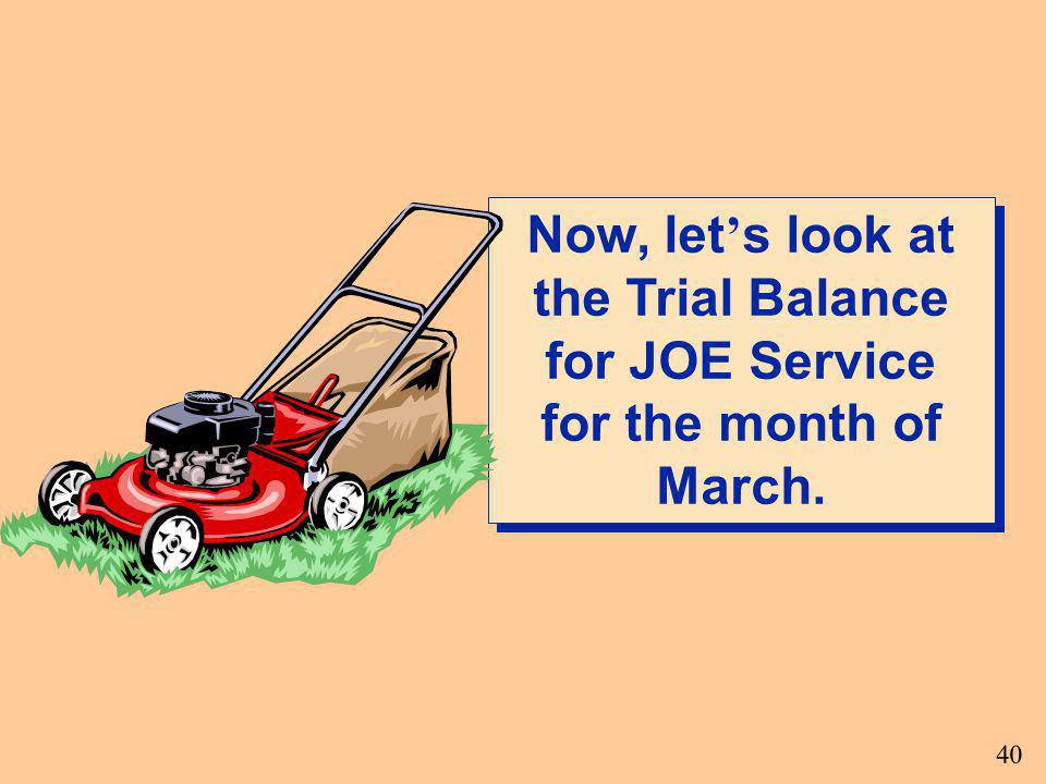 Now, let’s look at the Trial Balance for JOE Service for the month of March.
