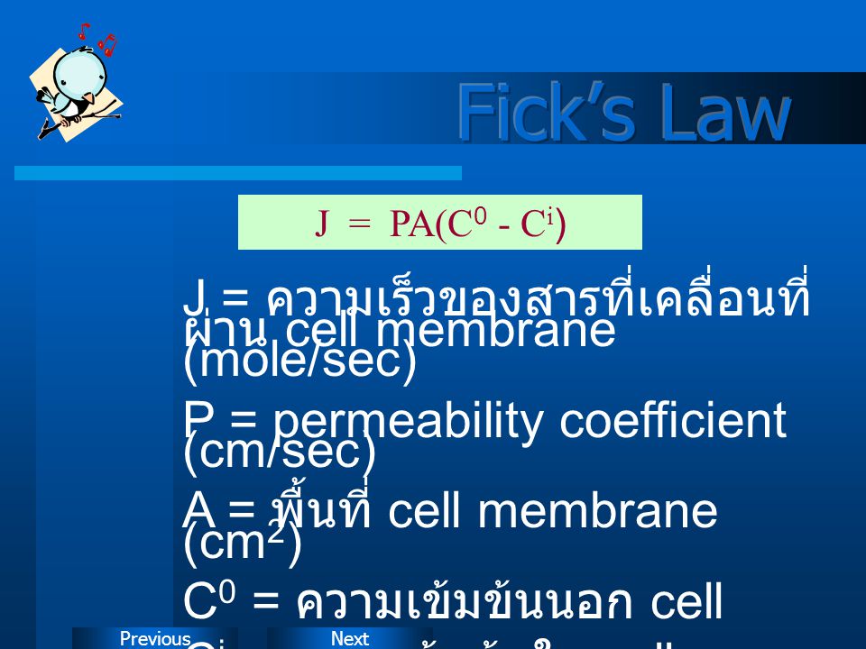 Fick’s Law J = PA(C0 - Ci) J = ความเร็วของสารที่เคลื่อนที่ผ่าน cell membrane (mole/sec) P = permeability coefficient (cm/sec)