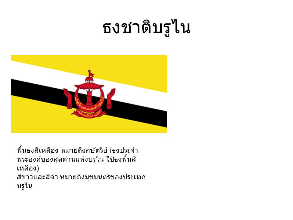 ธงชาติบรูไน พื้นธงสีเหลือง หมายถึงกษัตริย์ (ธงประจำพระองค์ของสุลต่านแห่งบรูไน ใช้ธงพื้นสีเหลือง) สีขาวและสีดำ หมายถึงมุขมนตรีของประเทศบรูไน.
