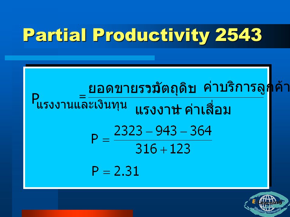 Partial Productivity 2543 ยอดขายรวม - วัตถุดิบ - ค่าบริการลูกค้า P