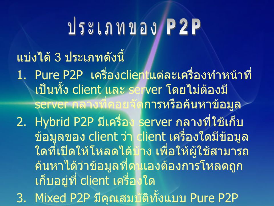 ประเภทของ P2P แบ่งได้ 3 ประเภทดังนี้