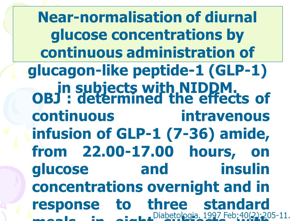 Near-normalisation of diurnal glucose concentrations by continuous administration of glucagon-like peptide-1 (GLP-1) in subjects with NIDDM.