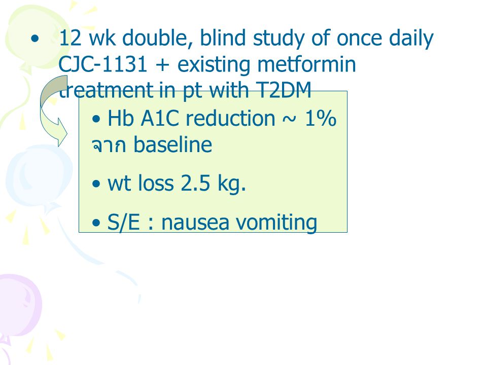 12 wk double, blind study of once daily CJC existing metformin treatment in pt with T2DM
