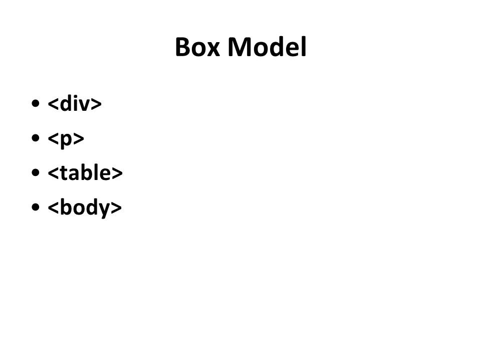 Box Model <div> <p> <table> <body>