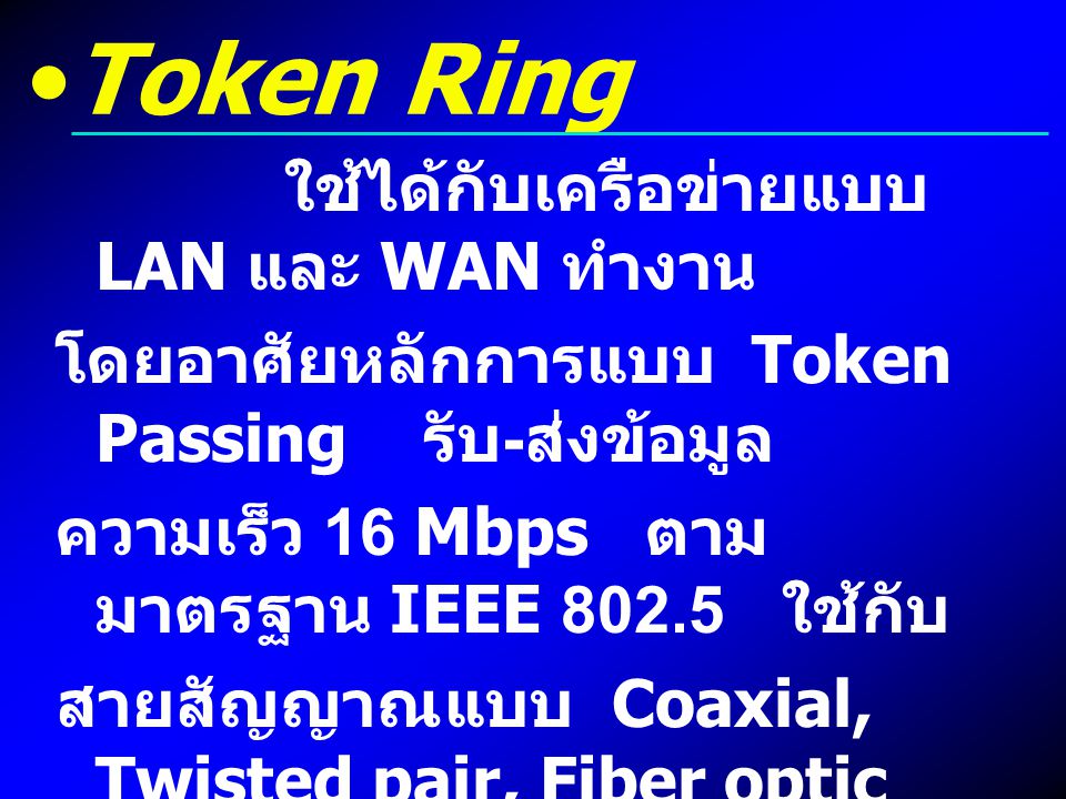 Token Ring ใช้ได้กับเครือข่ายแบบ LAN และ WAN ทำงาน