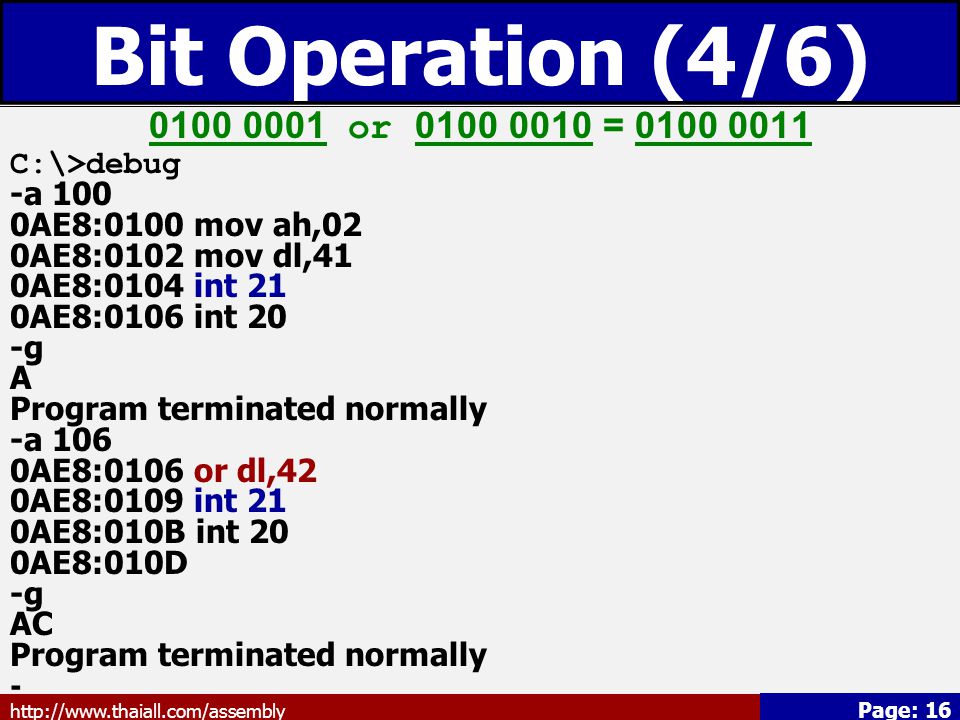 Bit Operation (4/6) or = C:\>debug