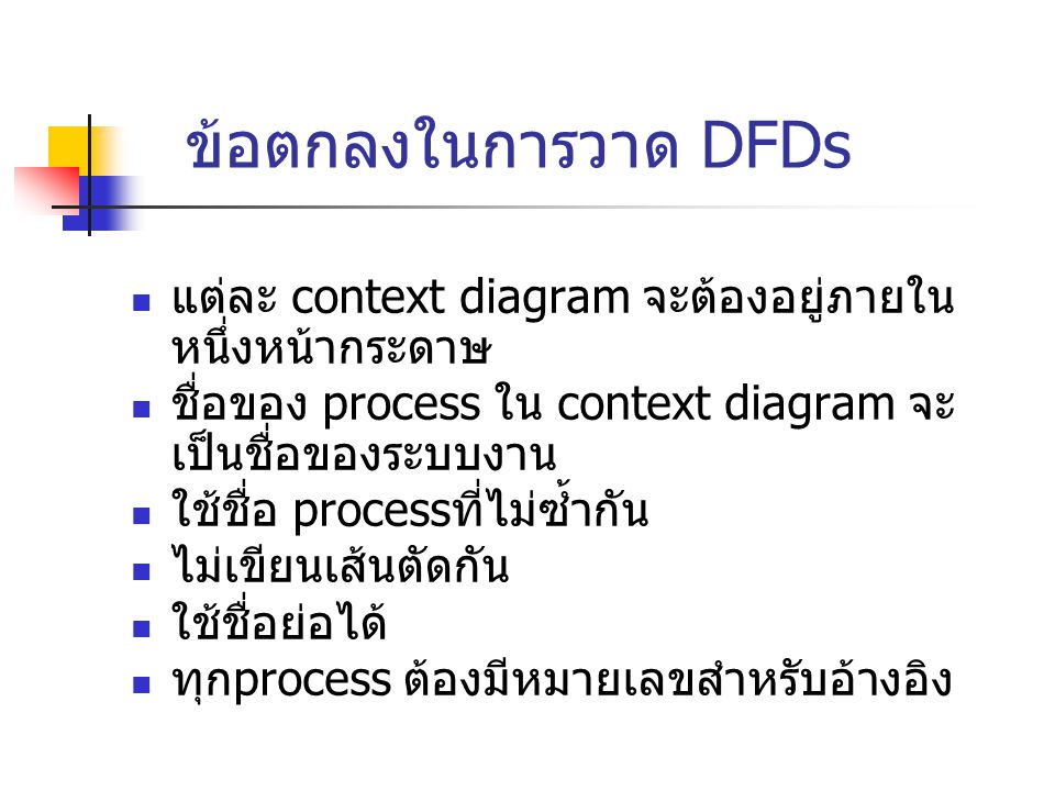 ข้อตกลงในการวาด DFDs แต่ละ context diagram จะต้องอยู่ภายในหนึ่งหน้ากระดาษ. ชื่อของ process ใน context diagram จะเป็นชื่อของระบบงาน.
