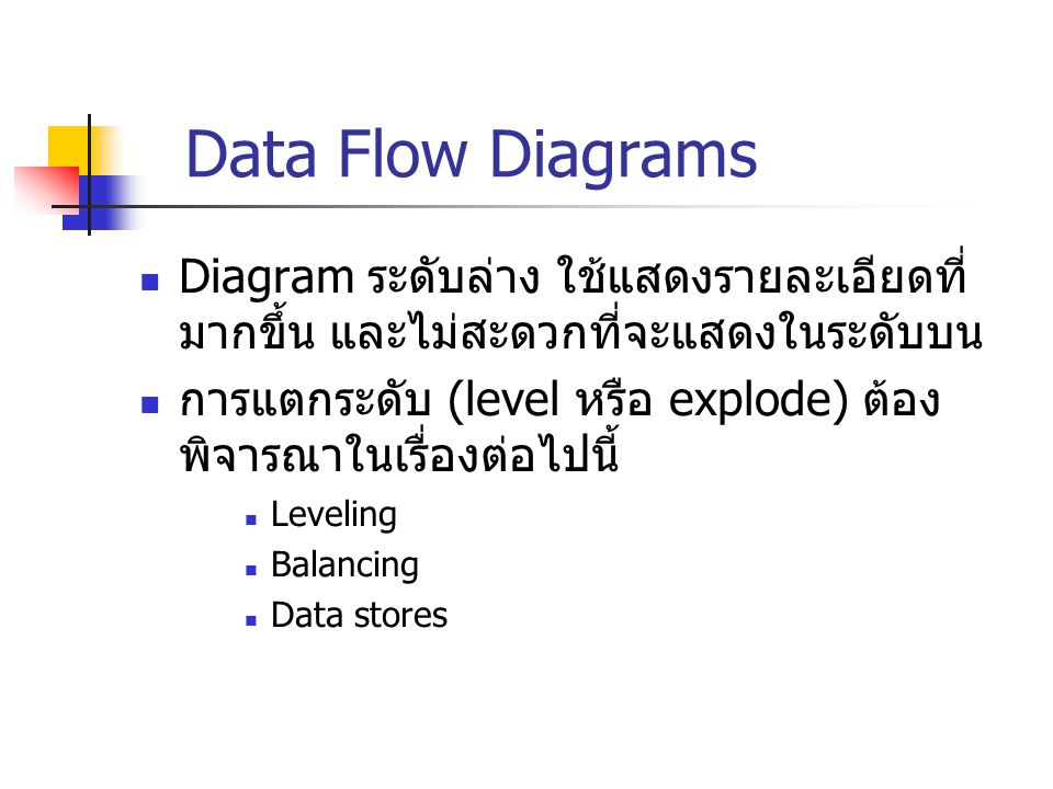 Data Flow Diagrams Diagram ระดับล่าง ใช้แสดงรายละเอียดที่มากขึ้น และไม่สะดวกที่จะแสดงในระดับบน.