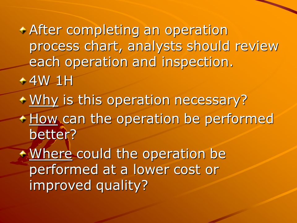 After completing an operation process chart, analysts should review each operation and inspection.