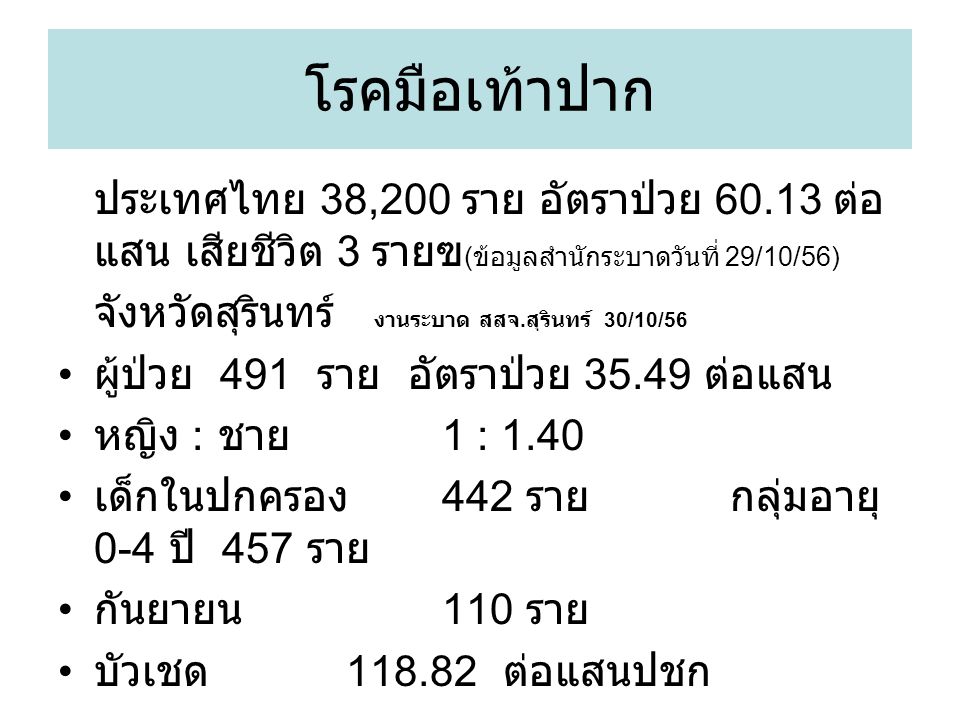 โรคมือเท้าปาก ประเทศไทย 38,200 ราย อัตราป่วย ต่อแสน เสียชีวิต 3 รายฃ(ข้อมูลสำนักระบาดวันที่ 29/10/56)
