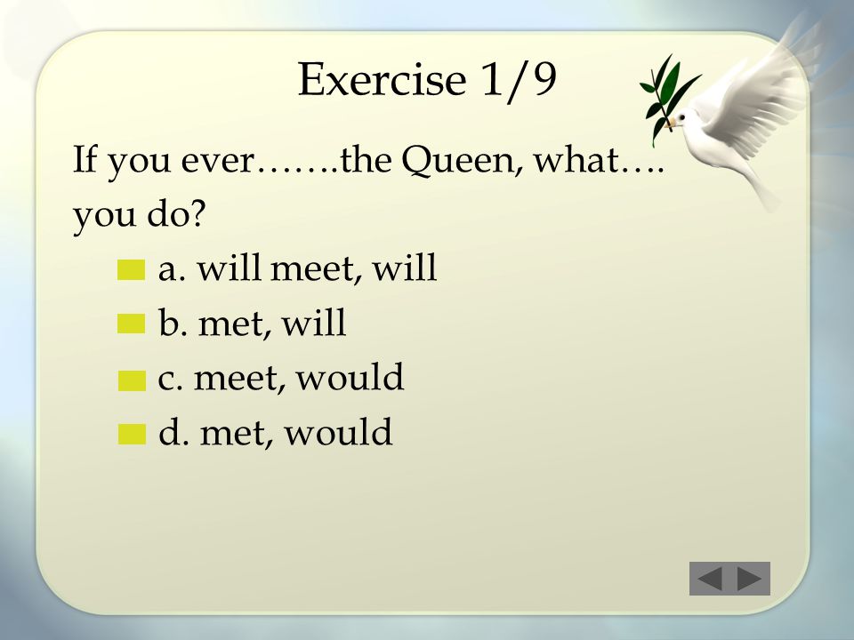 Exercise 1/9 If you ever…….the Queen, what…. you do